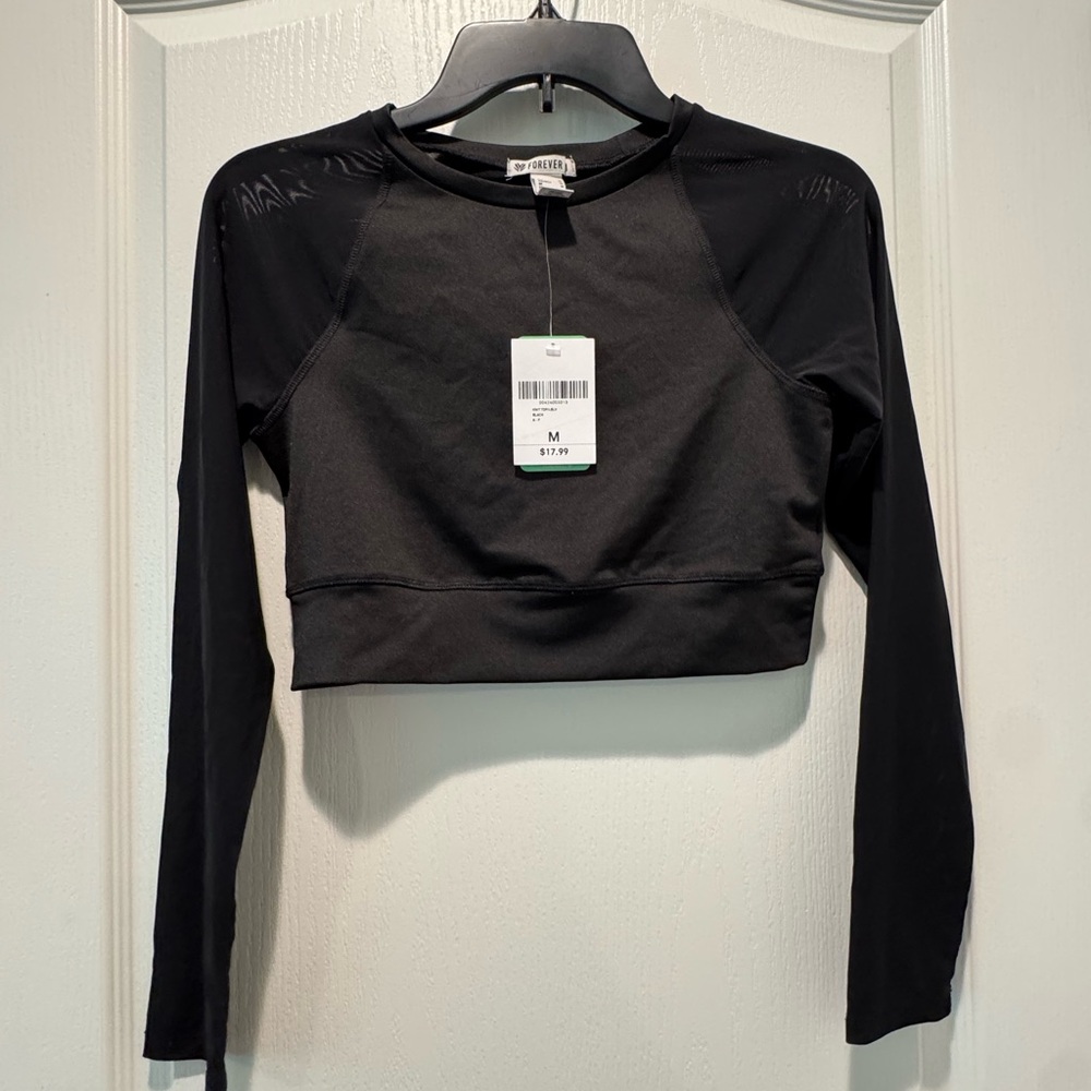Black Long Sheer Sleeve Crop Top